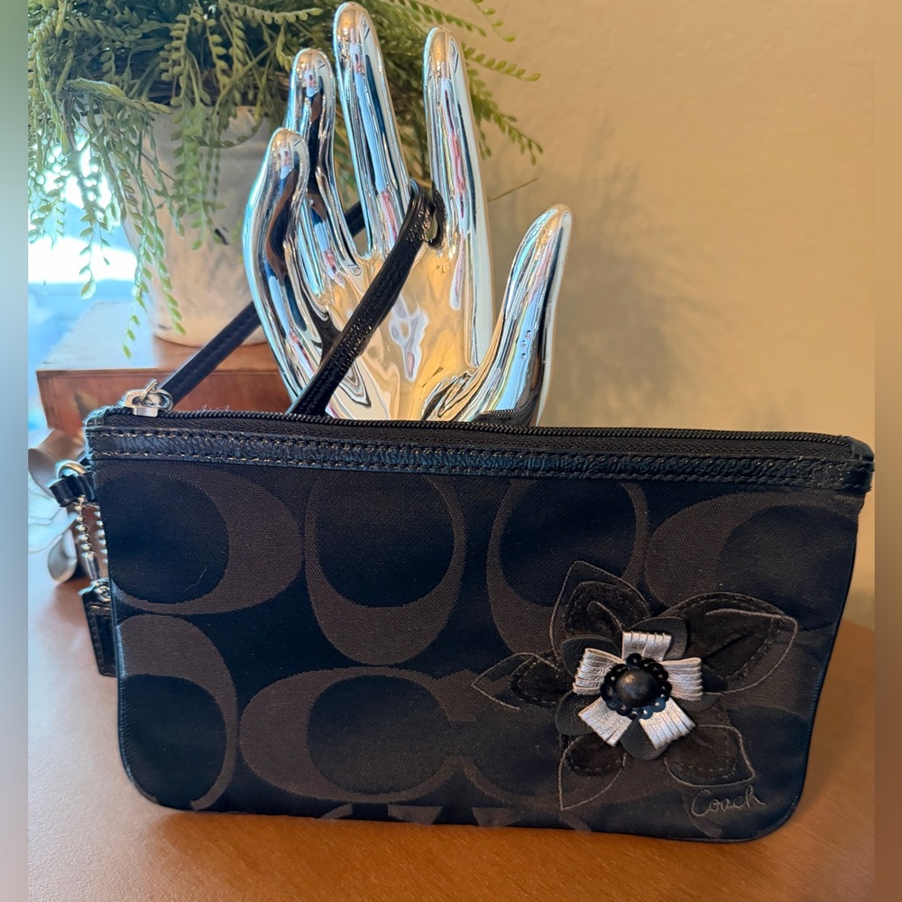 Coach Black Leather with Flower Detail Wristlet